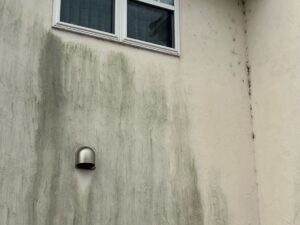 窓下に黒い雨だれ跡が付着し、外壁の塗膜が変色している様子。金沢市でよく見られる外壁の劣化状態