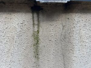 外壁の一部分に雨だれによる黒い筋が残り、劣化が進んでいる写真